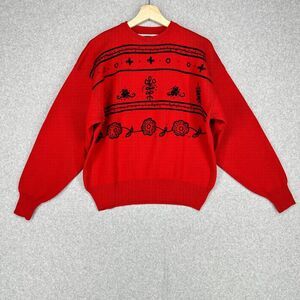 VTG Obermeyer Sweater Womens M Red Floral Embroidered Balloon Sleeve Wool Blend